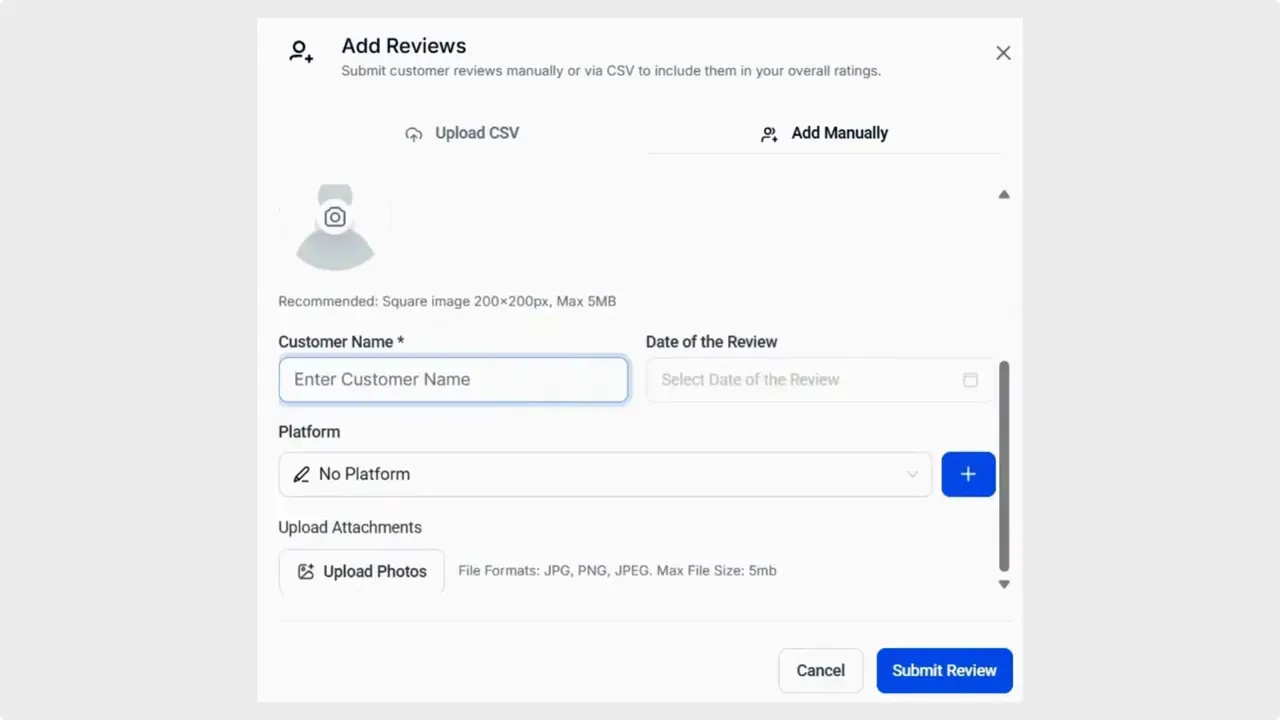 Add Reviews modal showing customer name field, date selector, platform dropdown, upload photos button and the Submit Review button.