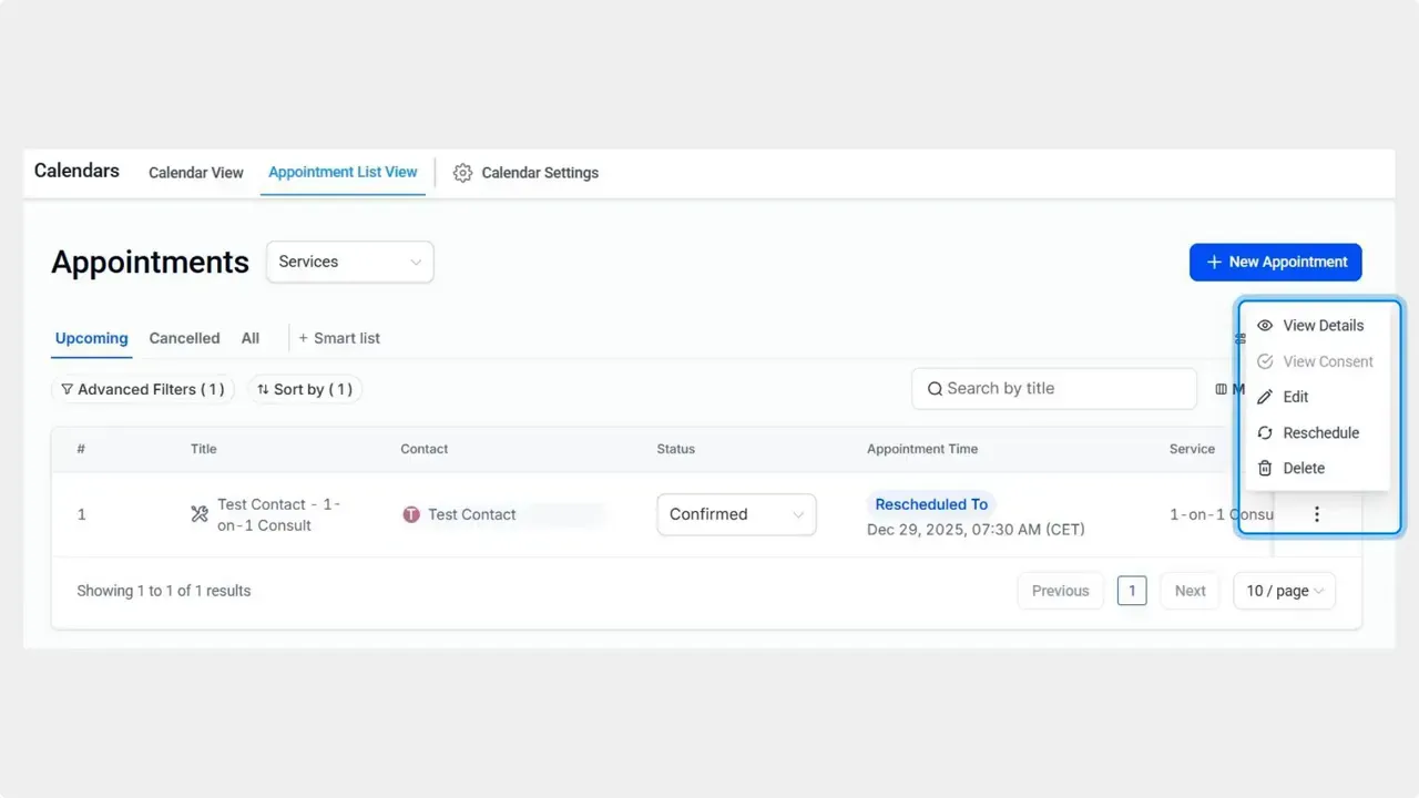 Appointment list view with the three-dot options menu open showing View Details, Edit, Reschedule, Delete