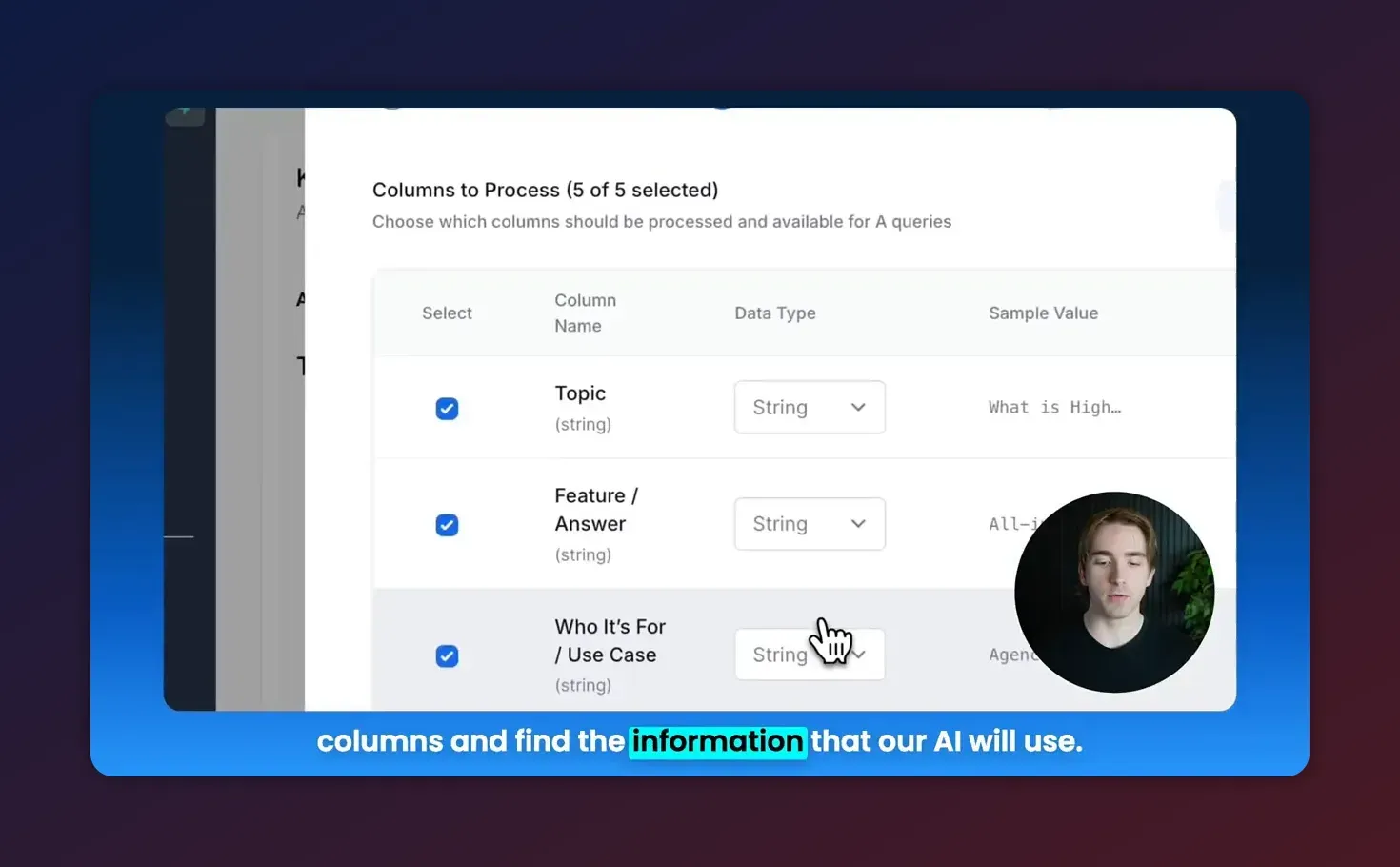 Column selection screen in HighLevel showing Topic, Feature / Answer and data type dropdowns