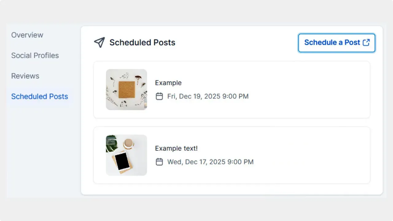 Scheduled Posts list view with two upcoming posts, thumbnails, scheduled dates and 'Schedule a Post' button