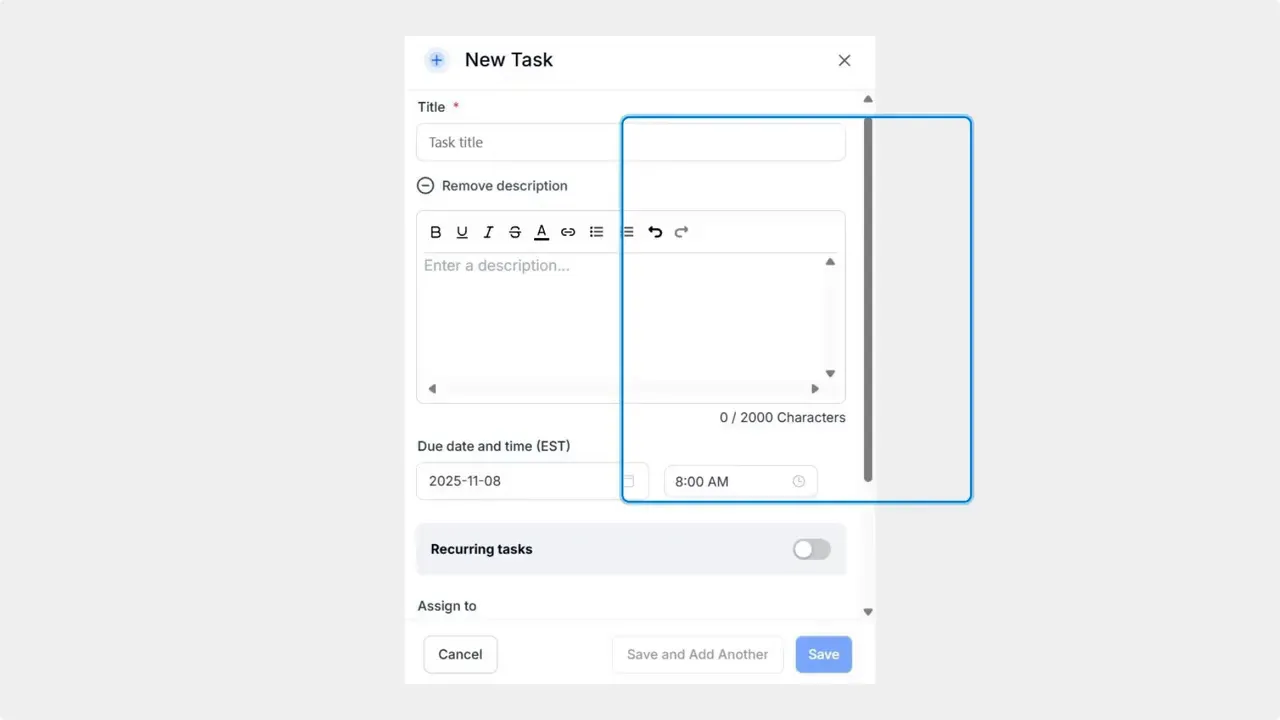 New Task form modal showing title field, description box, due date and time, recurring toggle and Save/Cancel buttons