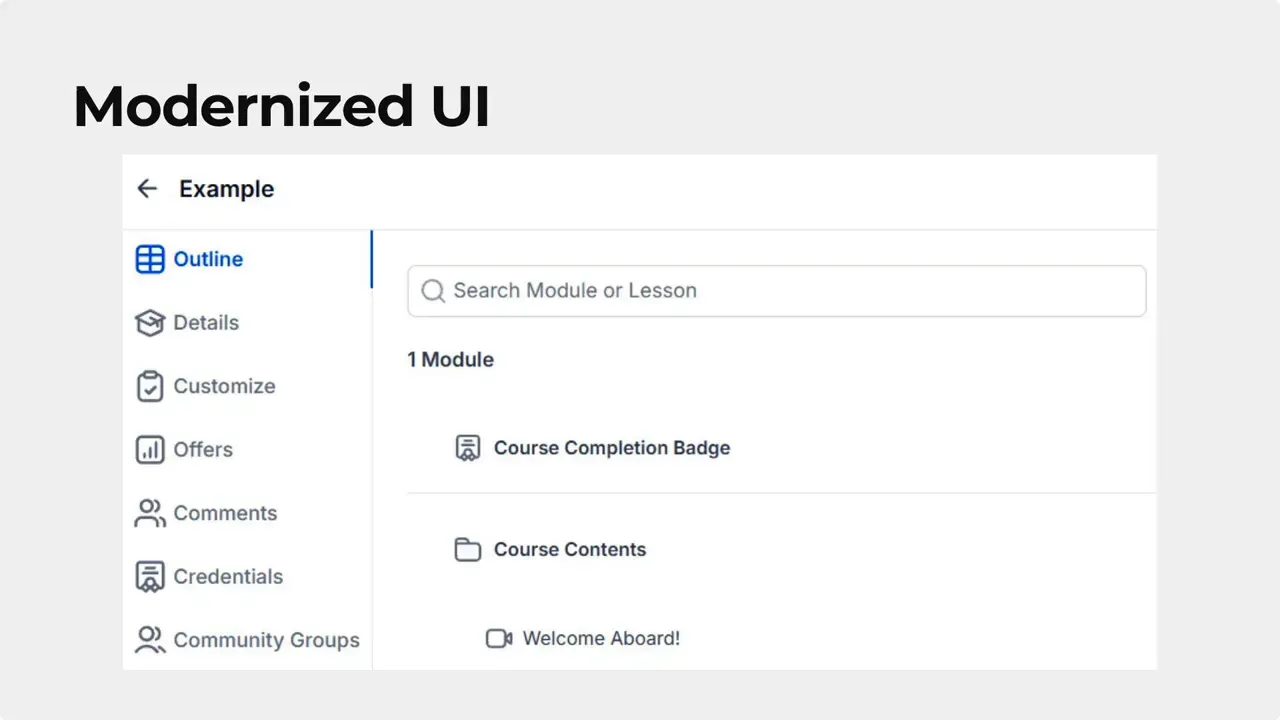 Modernized course builder UI showing sidebar, search bar and course items