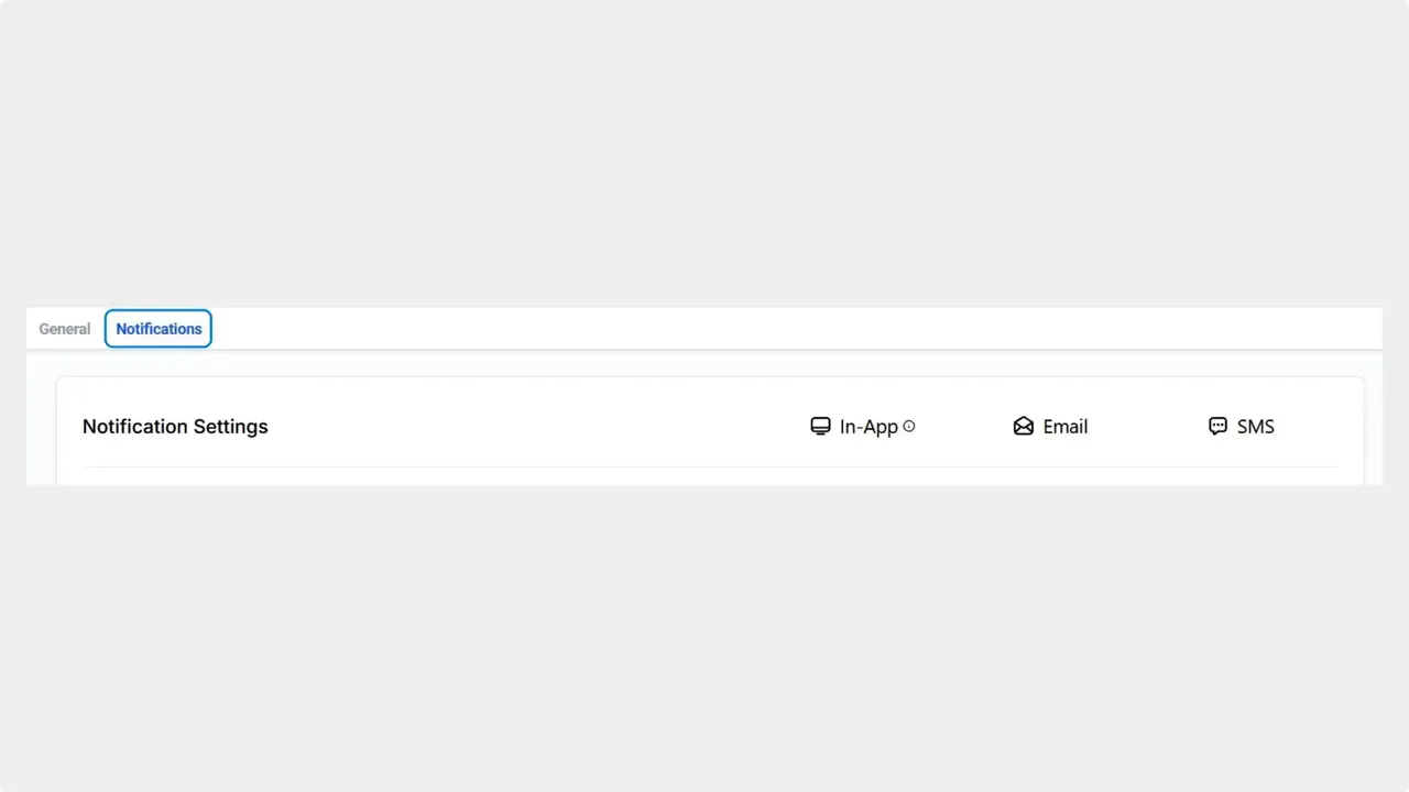 Profile settings screen with the Notifications tab selected and notification channel icons (In-App, Email, SMS).