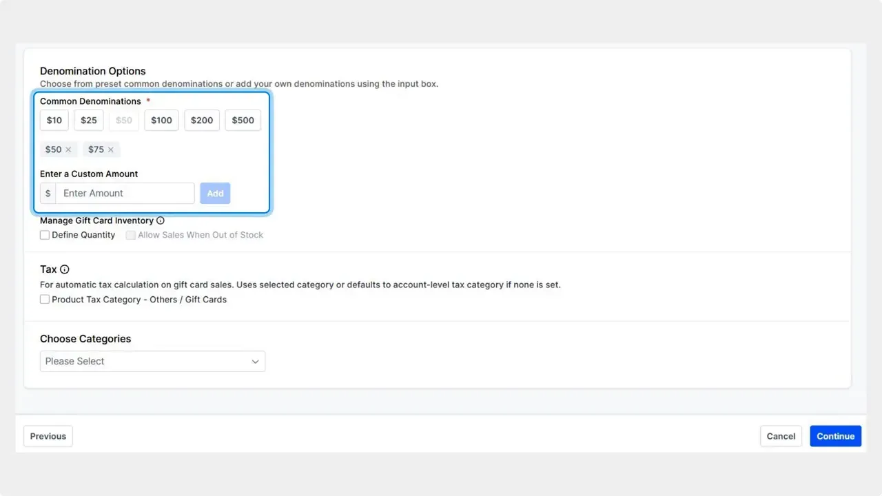 Pinnacle gift card denomination options showing preset values ($10, $25, $50, $100, $200, $500) and a field to enter a custom amount.