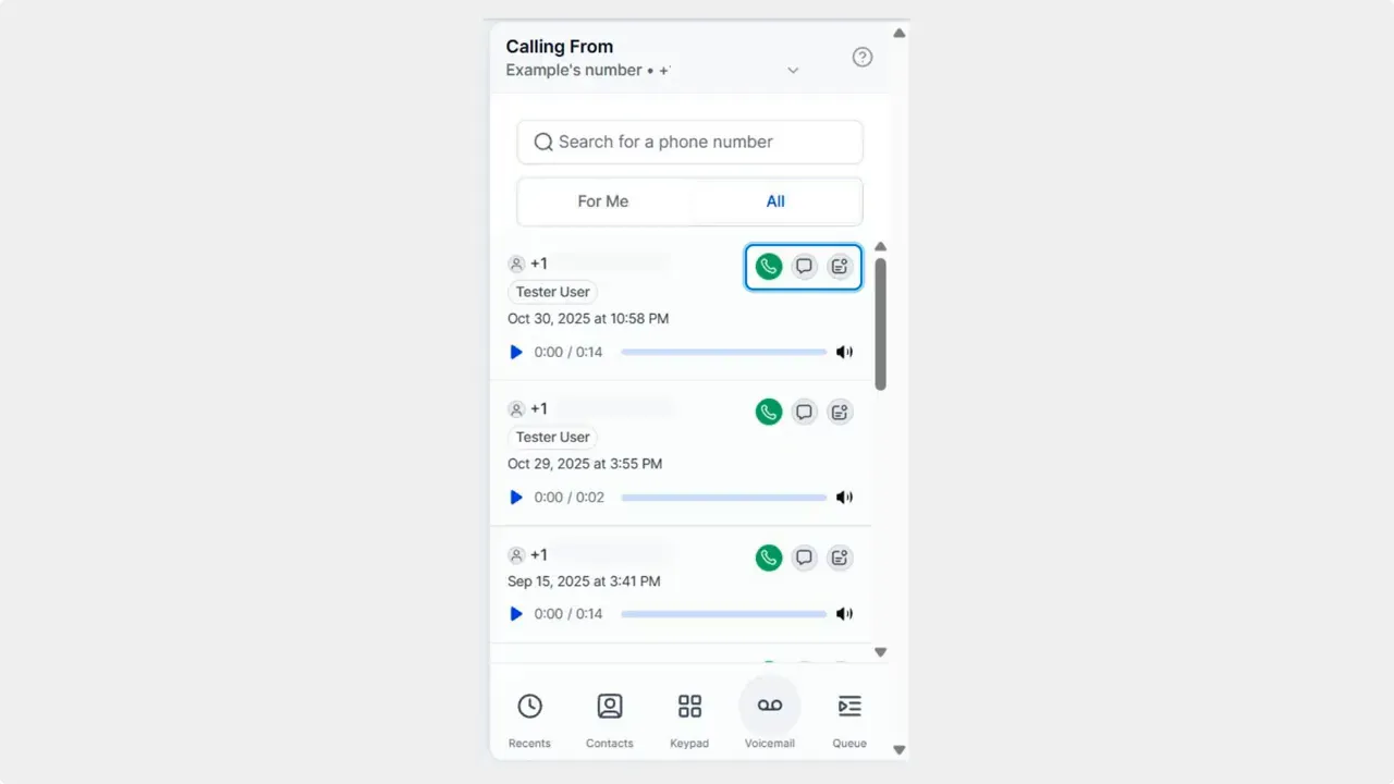 Voicemail card with quick action icons for call, text, and transcript highlighted