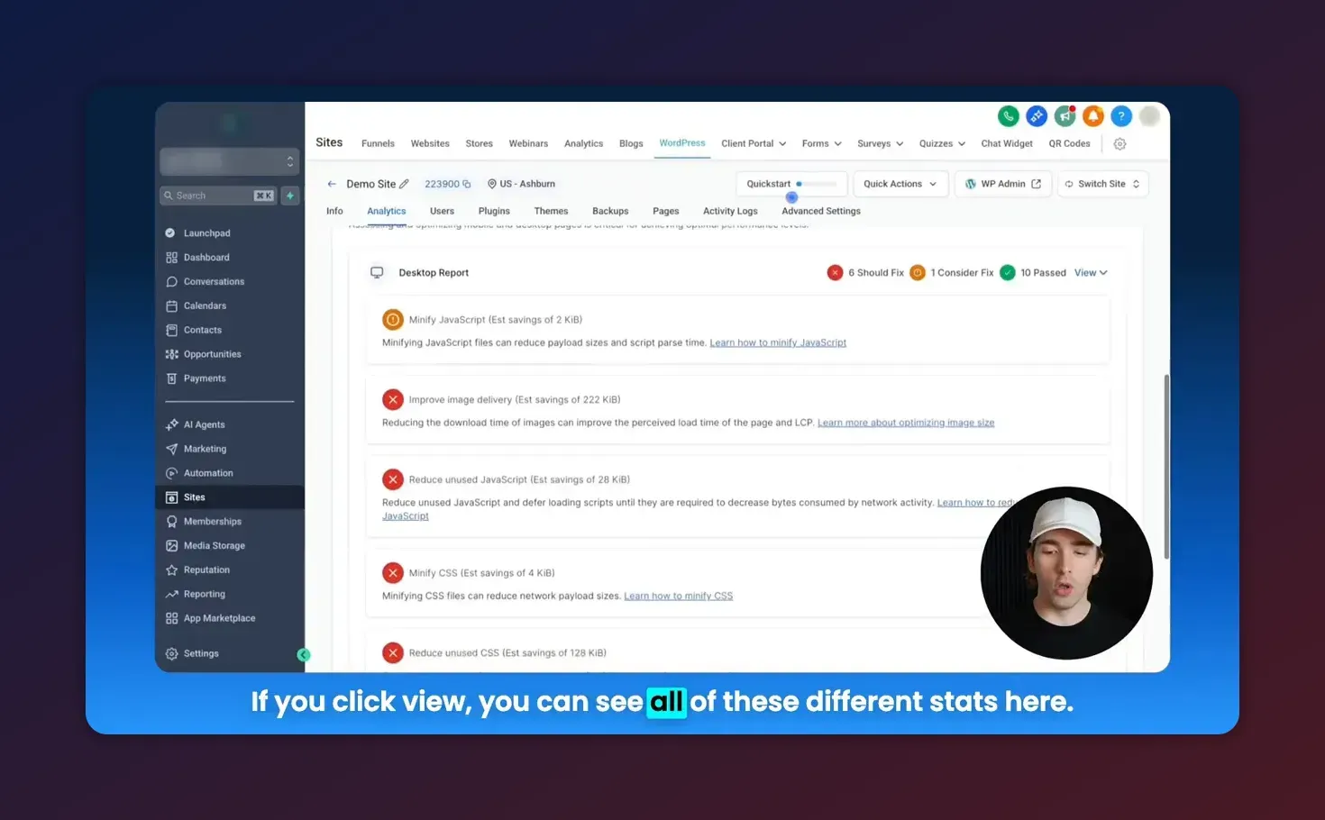 HighLevel Page Health report listing actionable items such as Minify JavaScript, Improve image delivery, Reduce unused JavaScript, Minify CSS