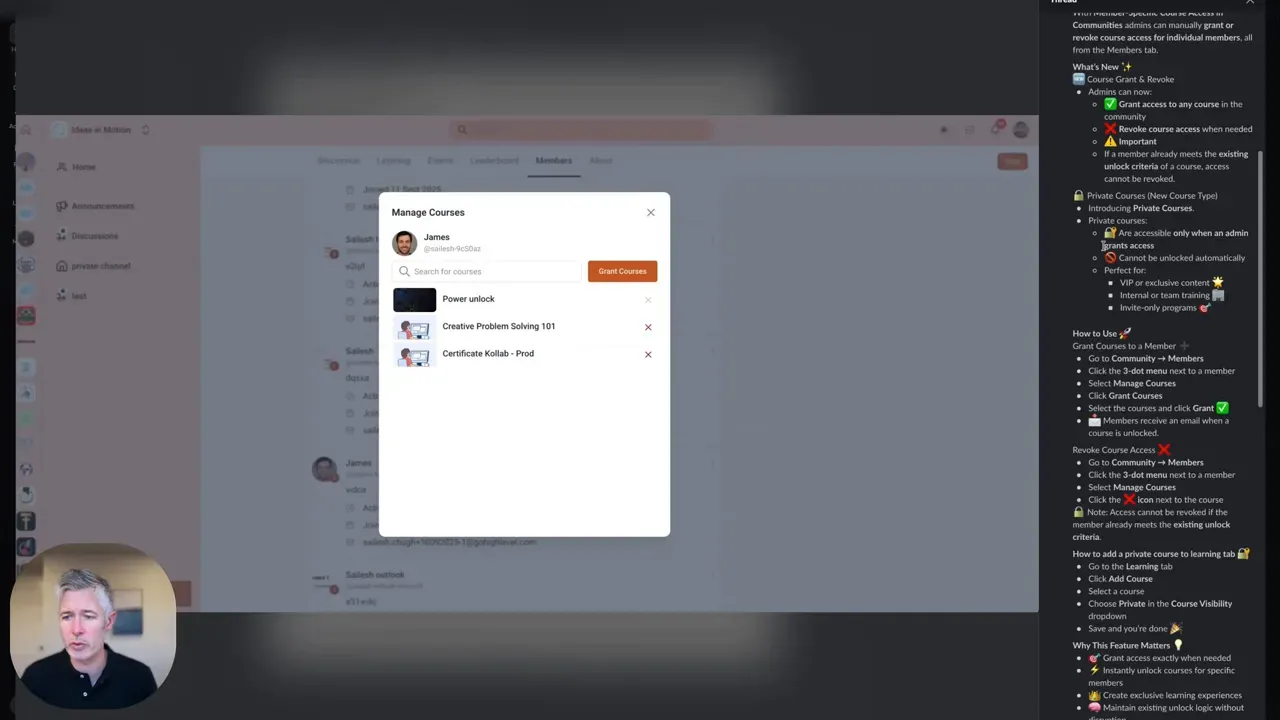 HighLevel Manage Courses modal listing courses with a Grant Courses button to assign access to a member