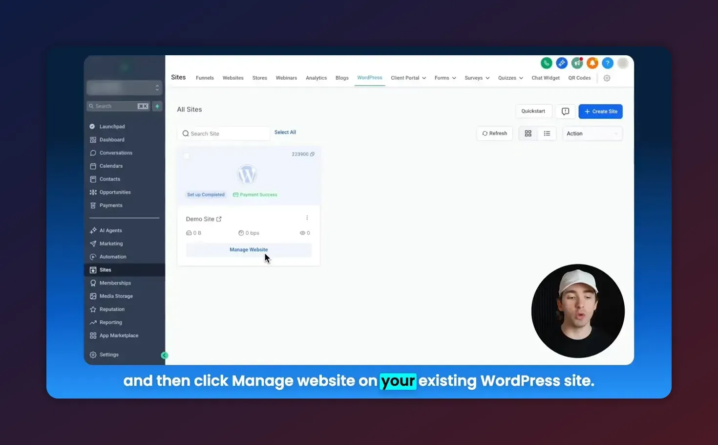 HighLevel All Sites view with cursor over the 'Manage Website' button on the Demo Site card