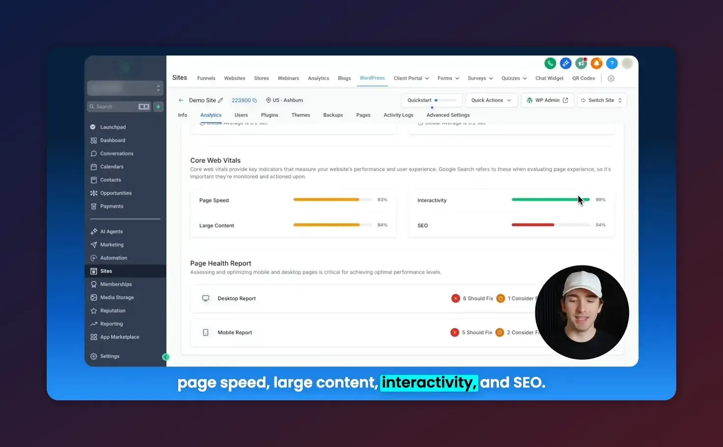 HighLevel performance report showing Core Web Vitals cards for Page Speed, Large Content, Interactivity and SEO with page health report below