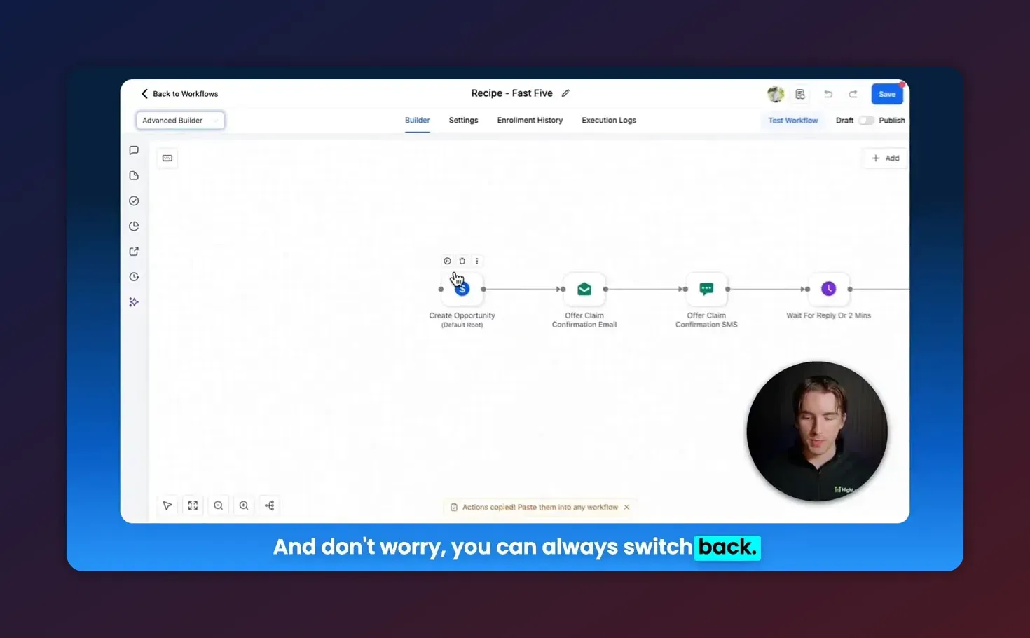 HighLevel Advanced Workflow Builder horizontal node-based canvas showing connected actions