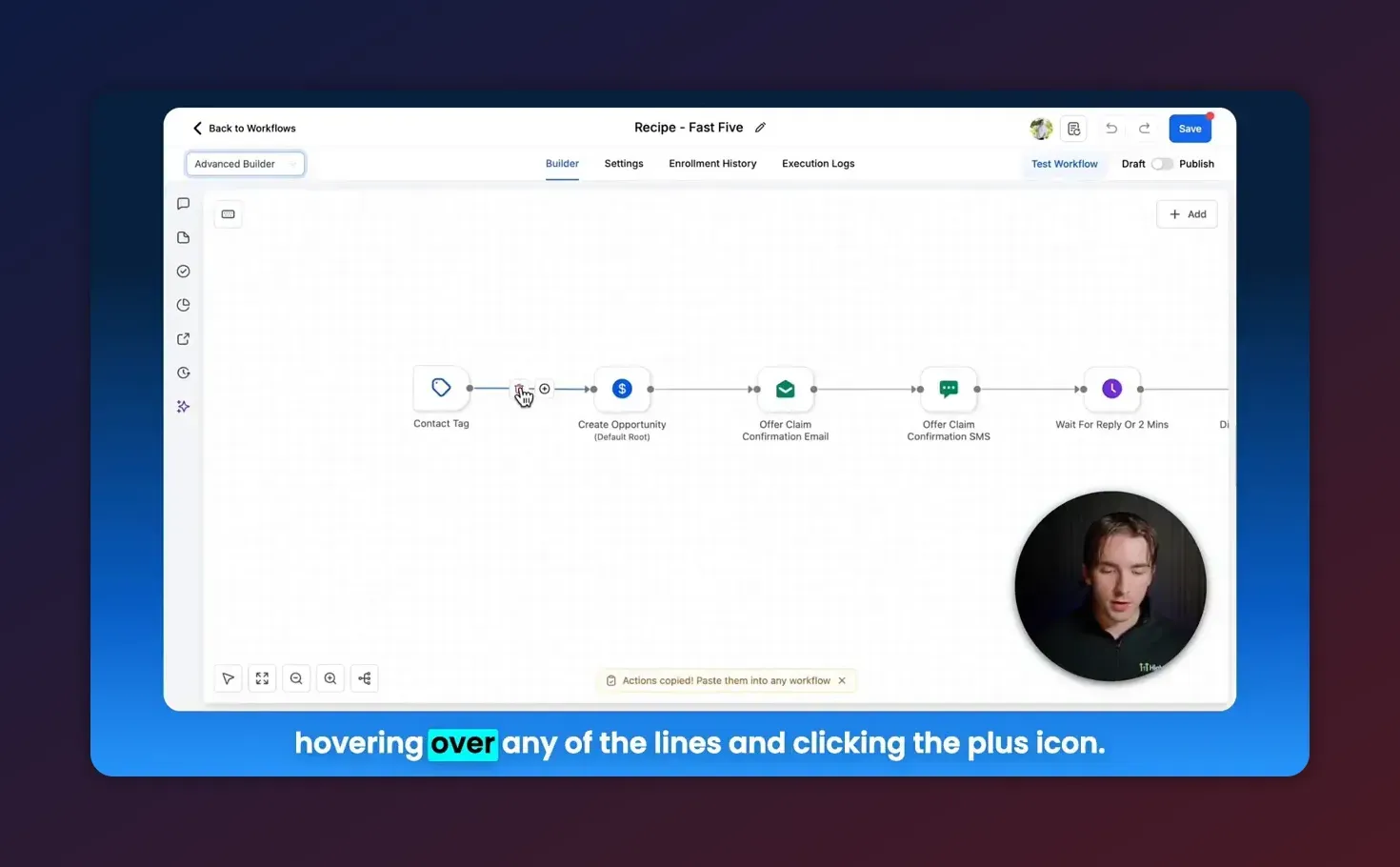 HighLevel Advanced Builder horizontal workflow with cursor hovering over a connection line and a plus icon visible between nodes