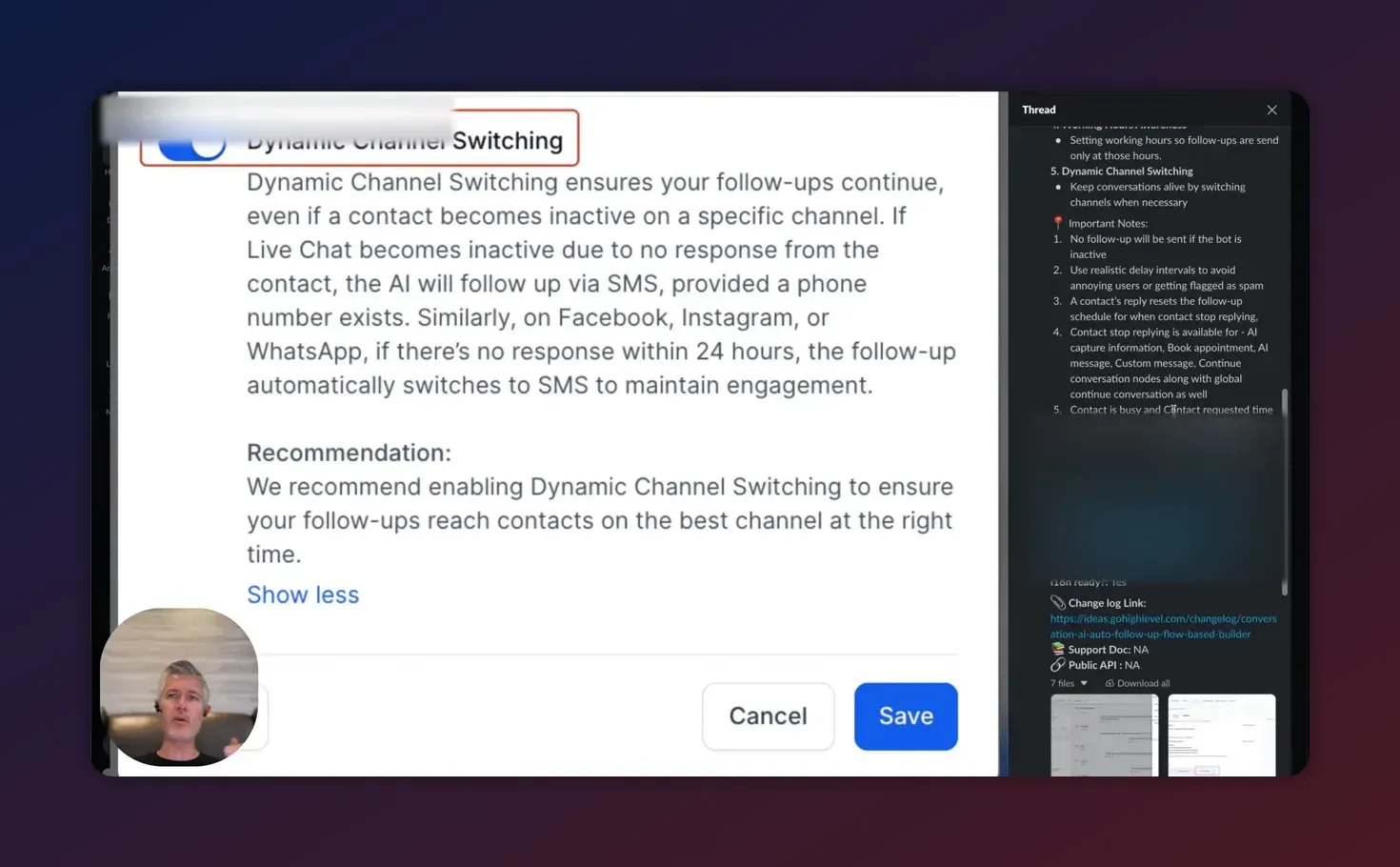 HighLevel Flow Builder screenshot with the Thread/change-log panel visible on the right and follow-up settings on the left