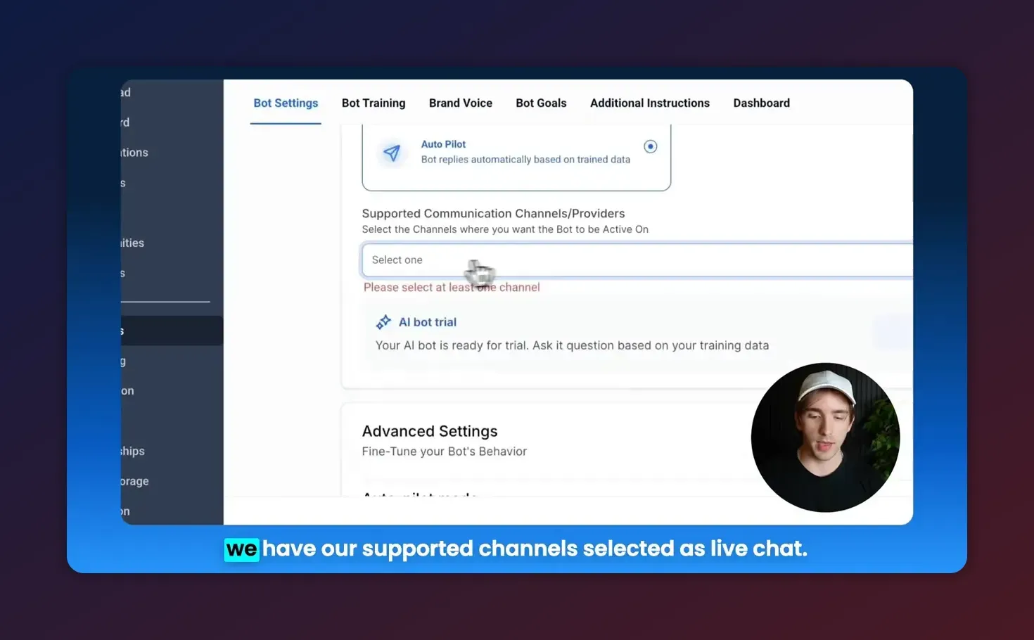Supported Communication Channels section in bot settings with a 'Select one' dropdown to choose channels.
