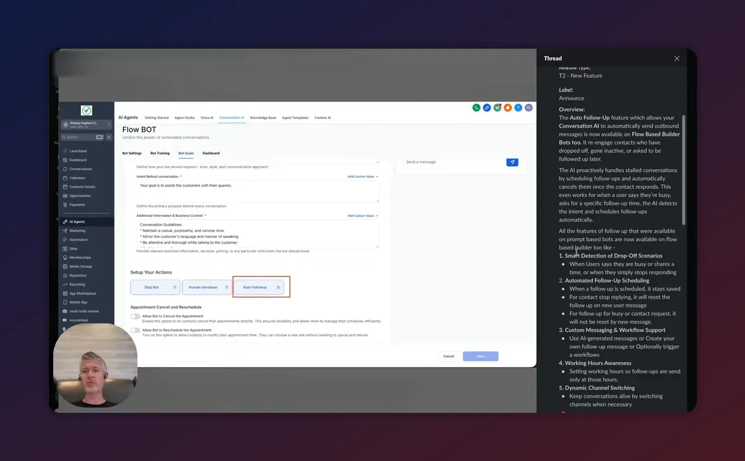 HighLevel Flow BOT settings screen showing Auto Followup button in the bot setup