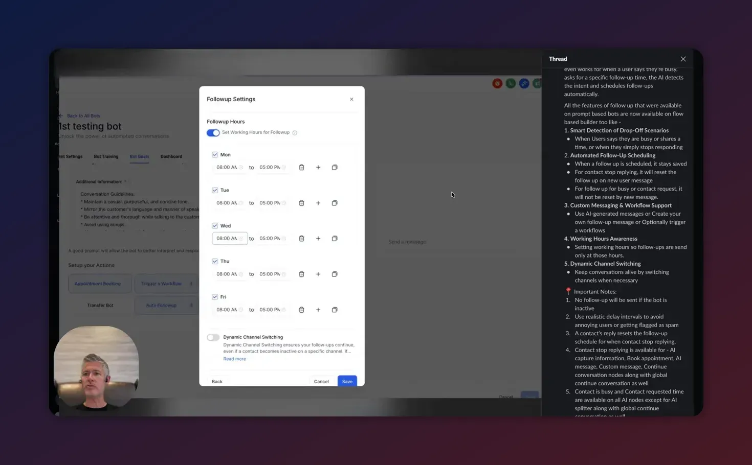 Followup Settings modal in HighLevel showing days of week and time ranges for follow-up hours