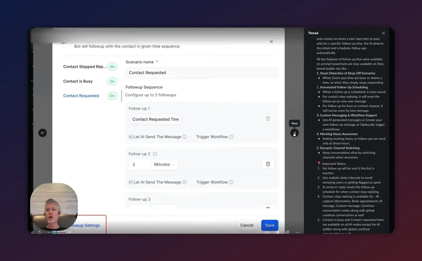 HighLevel Flow Builder screenshot displaying Follow-up Sequence configuration including Contact Requested Time, Let AI Send The Message checkbox and a timing dropdown.