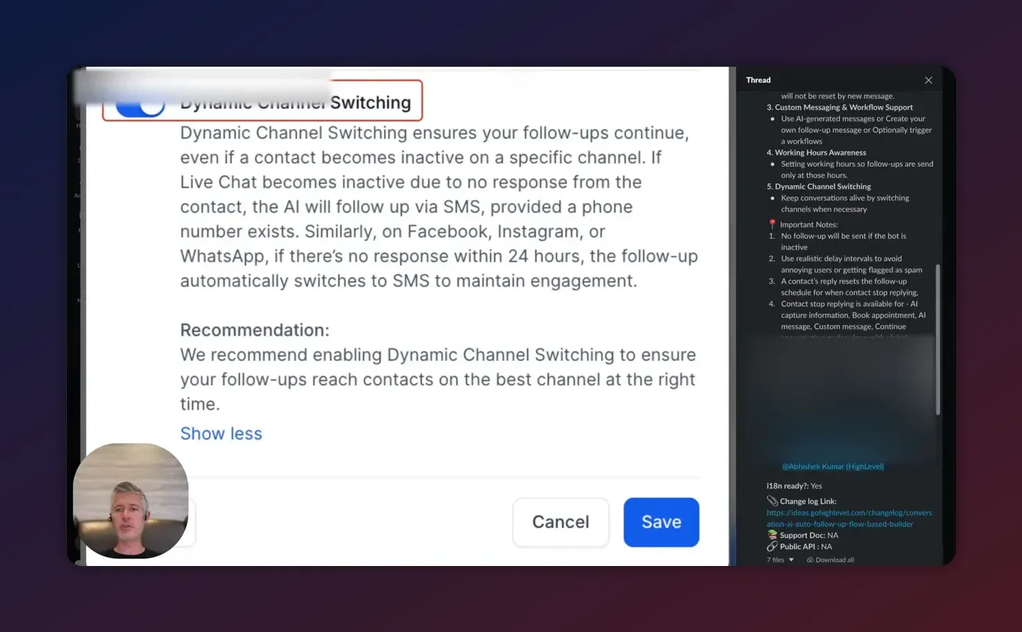 HighLevel Flow Builder settings screen showing Dynamic Channel Switching text and visible Save button