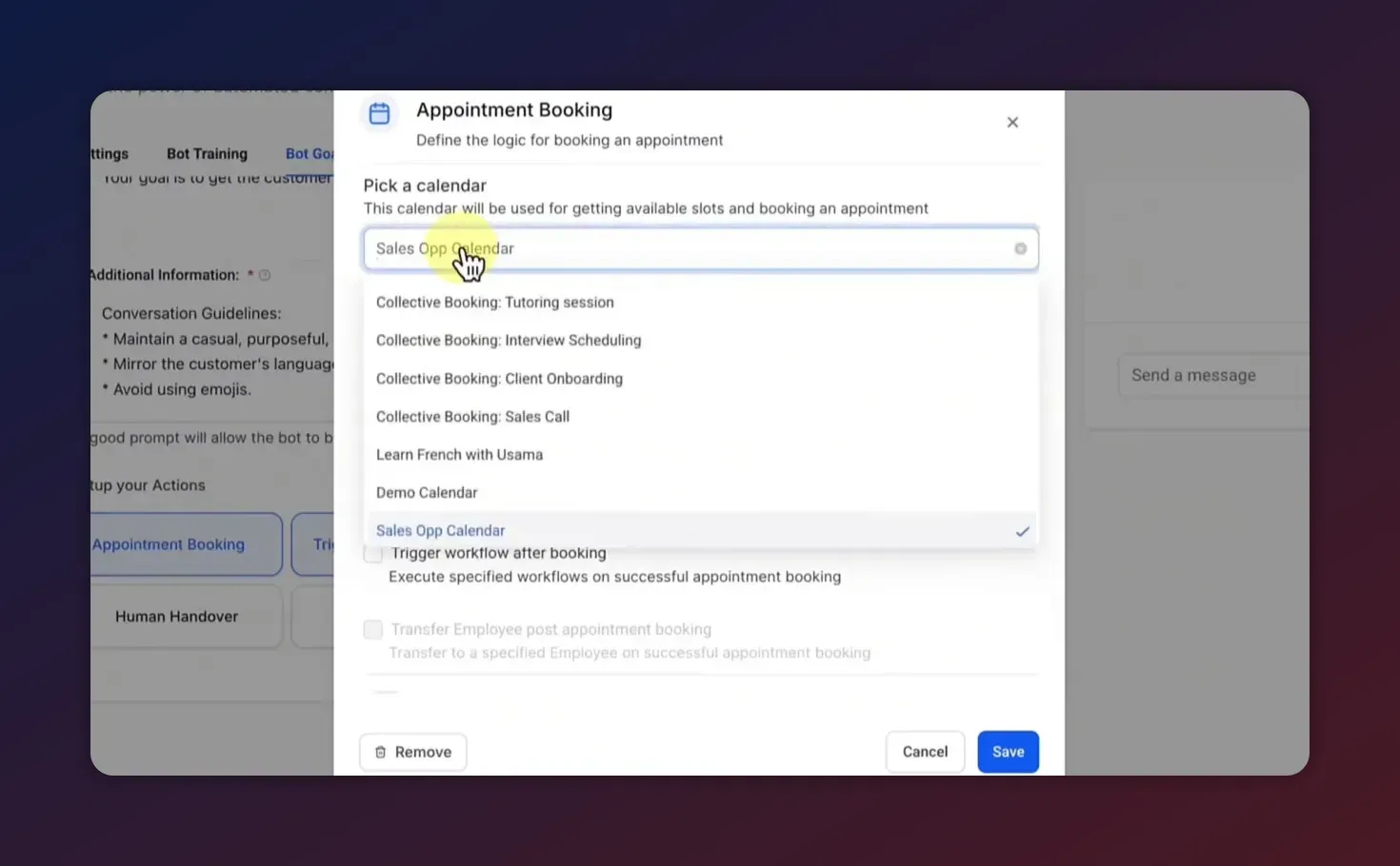 Appointment Booking modal with 'Pick a calendar' dropdown open and 'Sales Opp Calendar' highlighted.