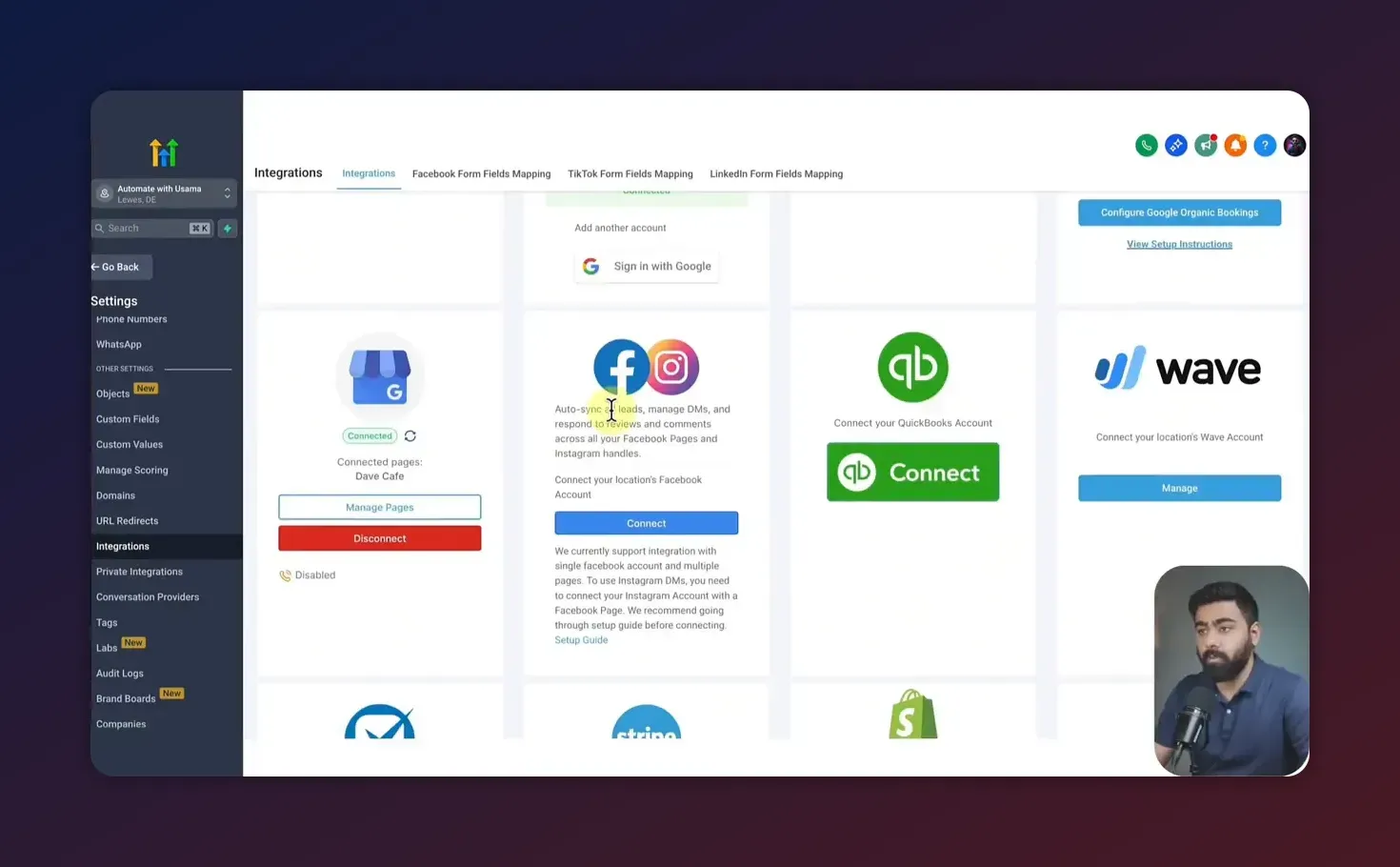 HighLevel integrations screen with Facebook and Instagram connect card and Connect button