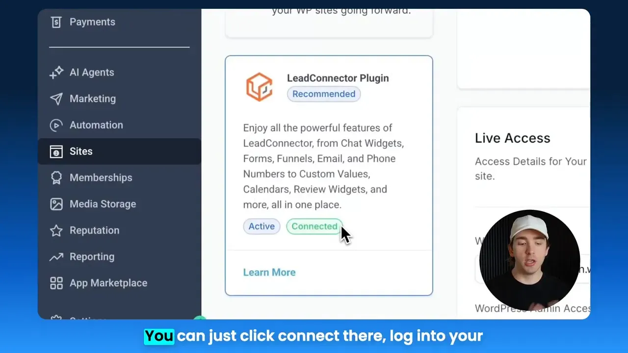 LeadConnector plugin card in the HighLevel/WordPress UI showing Active and Connected badges with a cursor over the Connected badge.