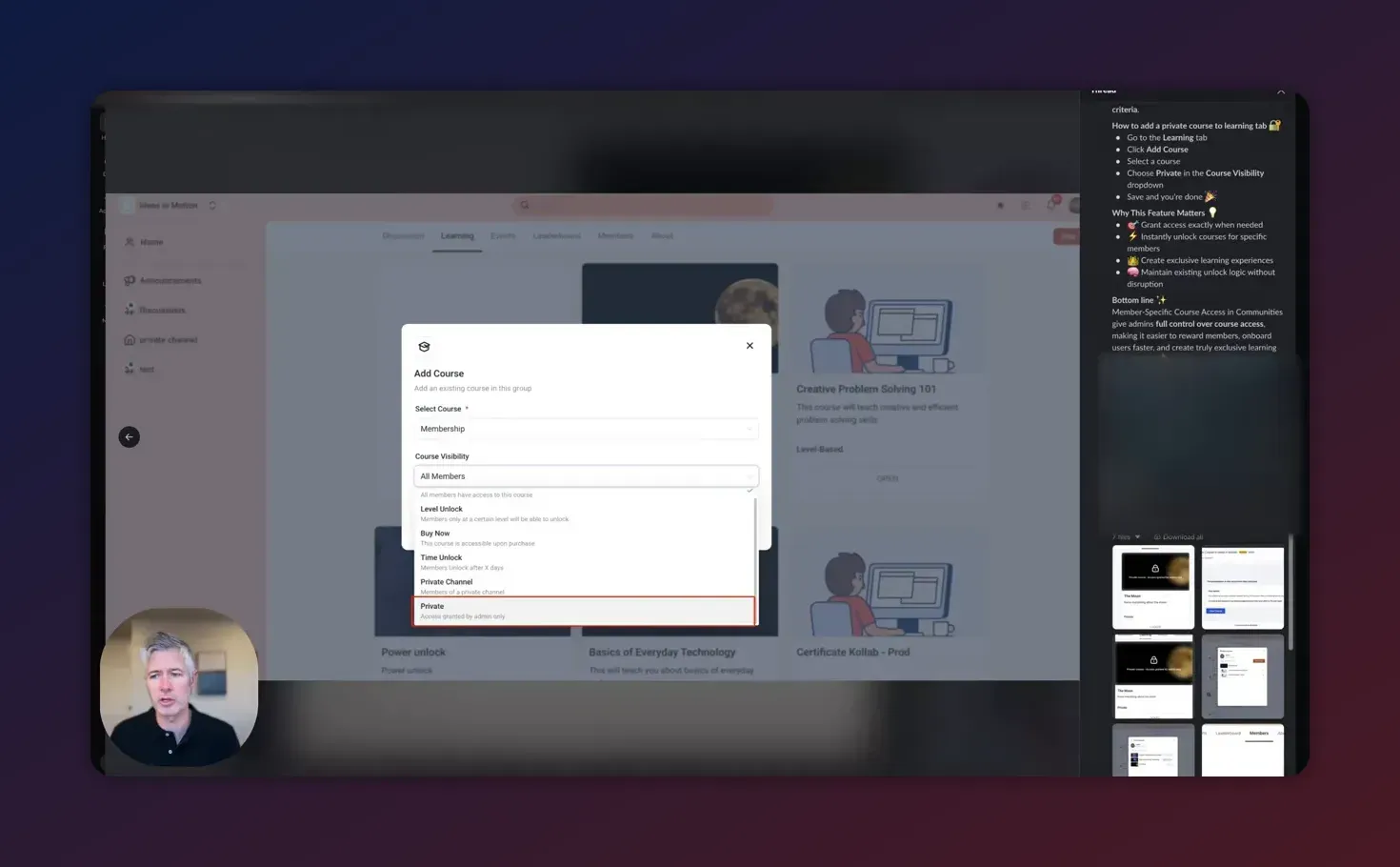 HighLevel screen showing Add Course dialog and Course Visibility set to Private for manual grant/revoke
