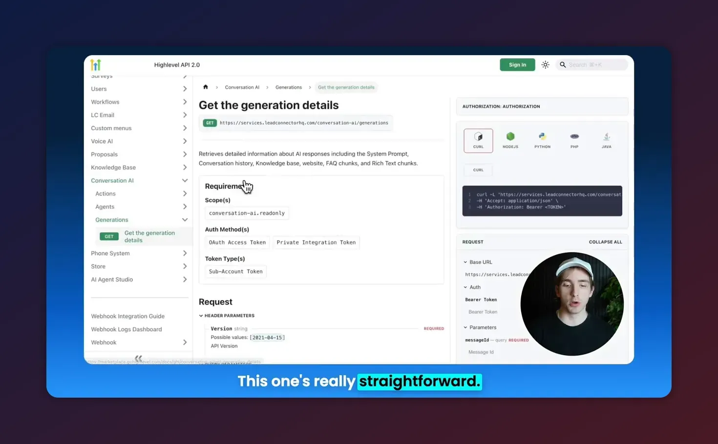 HighLevel API docs page 'Get the generation details' showing the endpoint URL, requirements box, and code sample on the right.