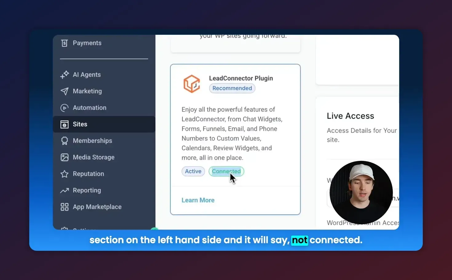 Close-up of LeadConnector plugin card in HighLevel with cursor over the 'Connected' status badge and Sites menu