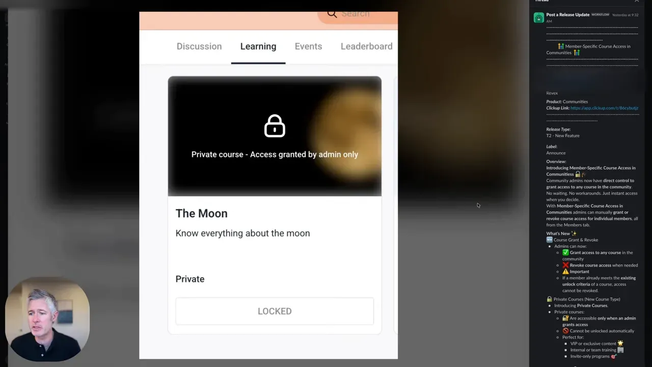 HighLevel community course page showing a private course called 'The Moon' with a lock graphic and message 'Private course - Access granted by admin only'.