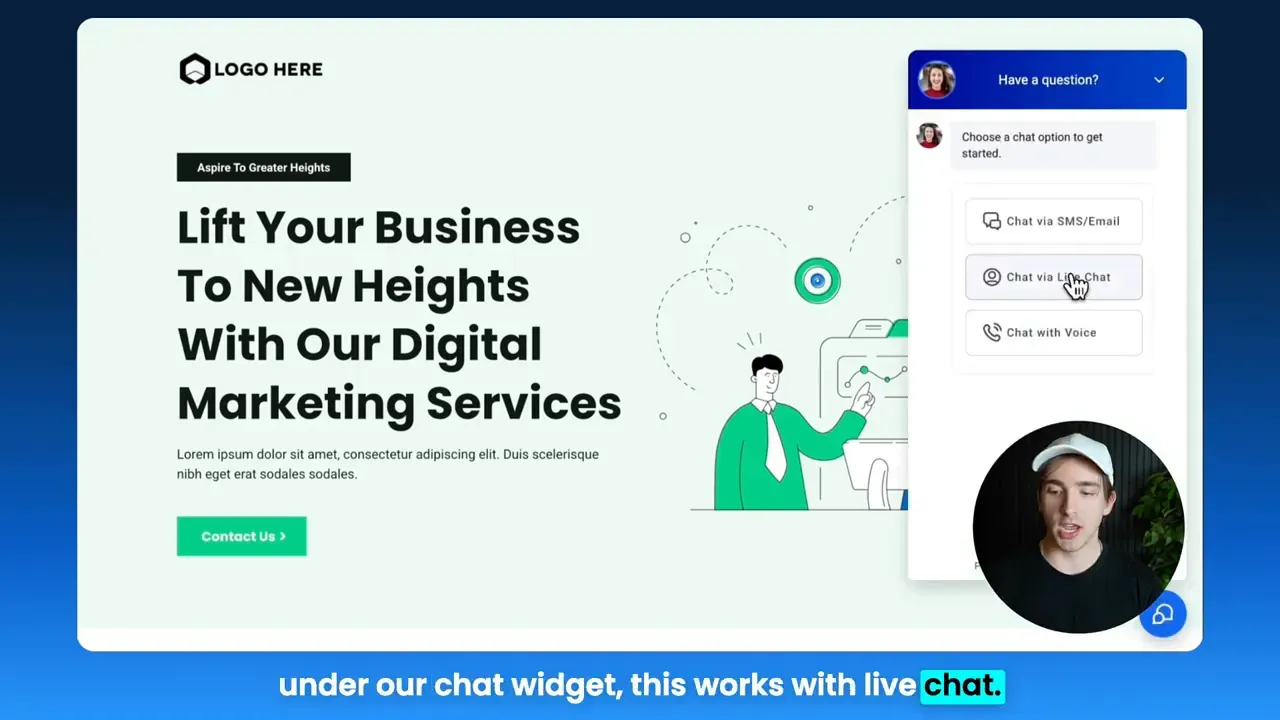 Website hero with HighLevel chat widget open showing 'Chat via Live Chat' option