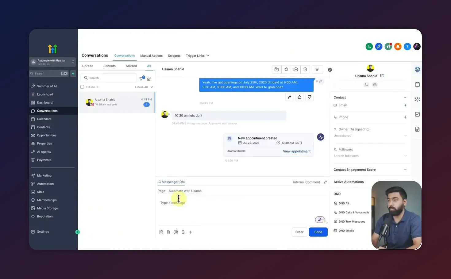 HighLevel Conversations screen showing an Instagram DM thread and a 'New appointment created' confirmation card