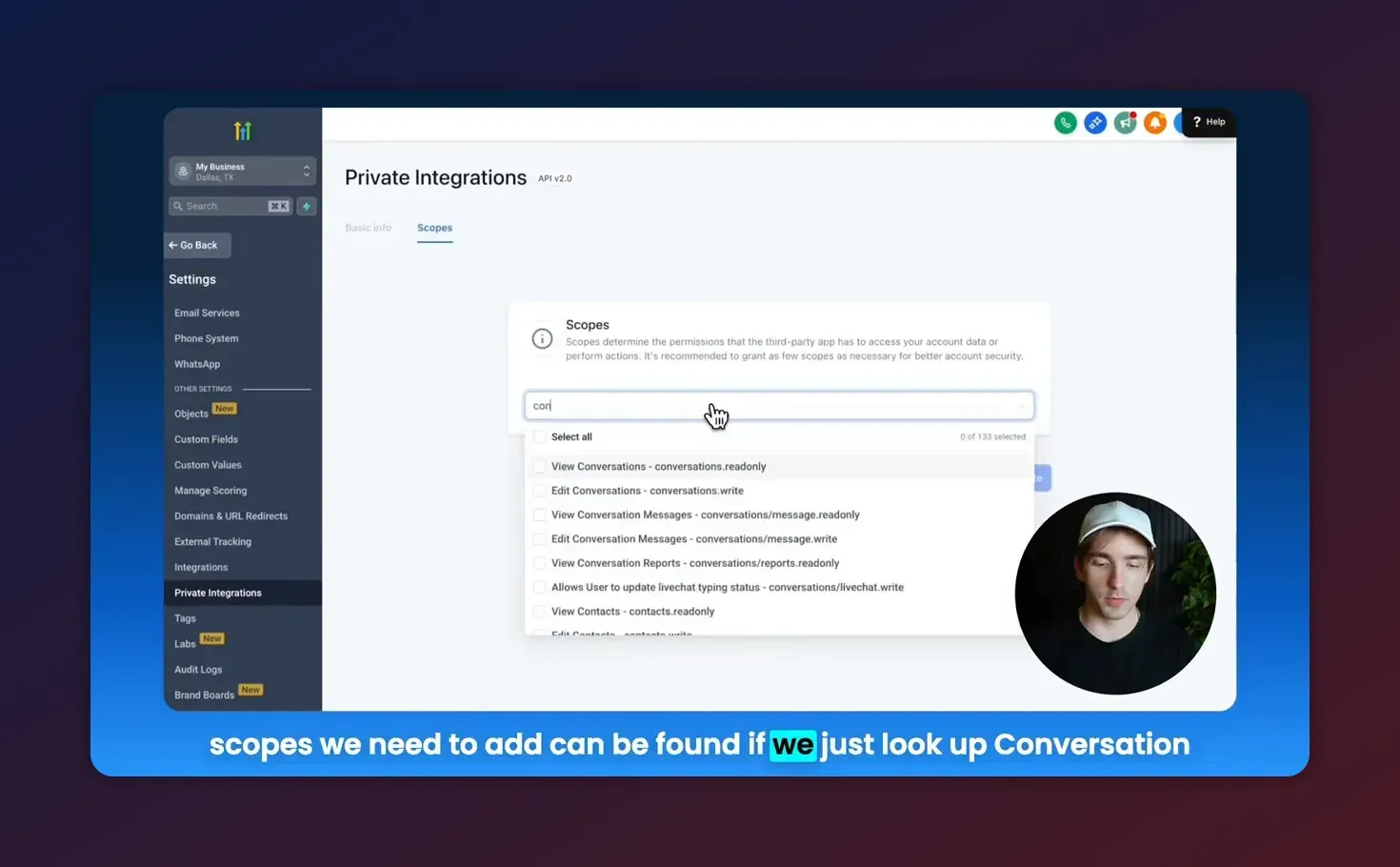 HighLevel Private Integrations 'Scopes' dialog with conversation-related scope checkboxes visible and a search input