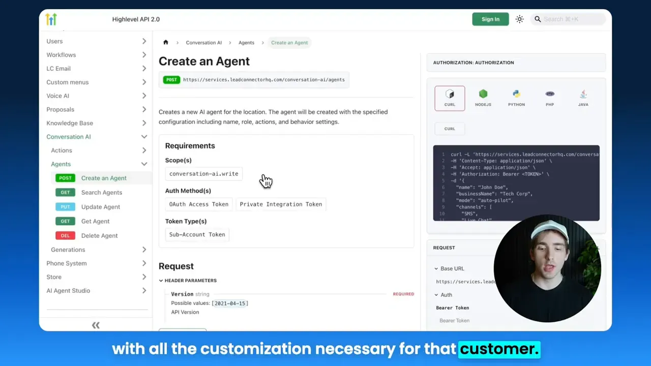HighLevel API documentation page titled 'Create an Agent' showing the POST endpoint, requirements, and request overview in the API console.