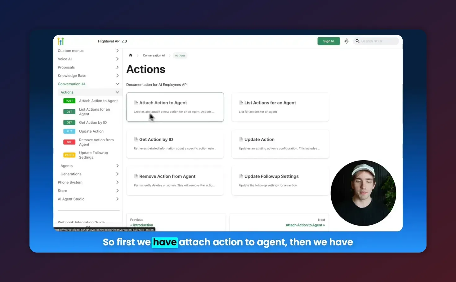 HighLevel API Actions documentation highlighting 'Attach Action to Agent' option
