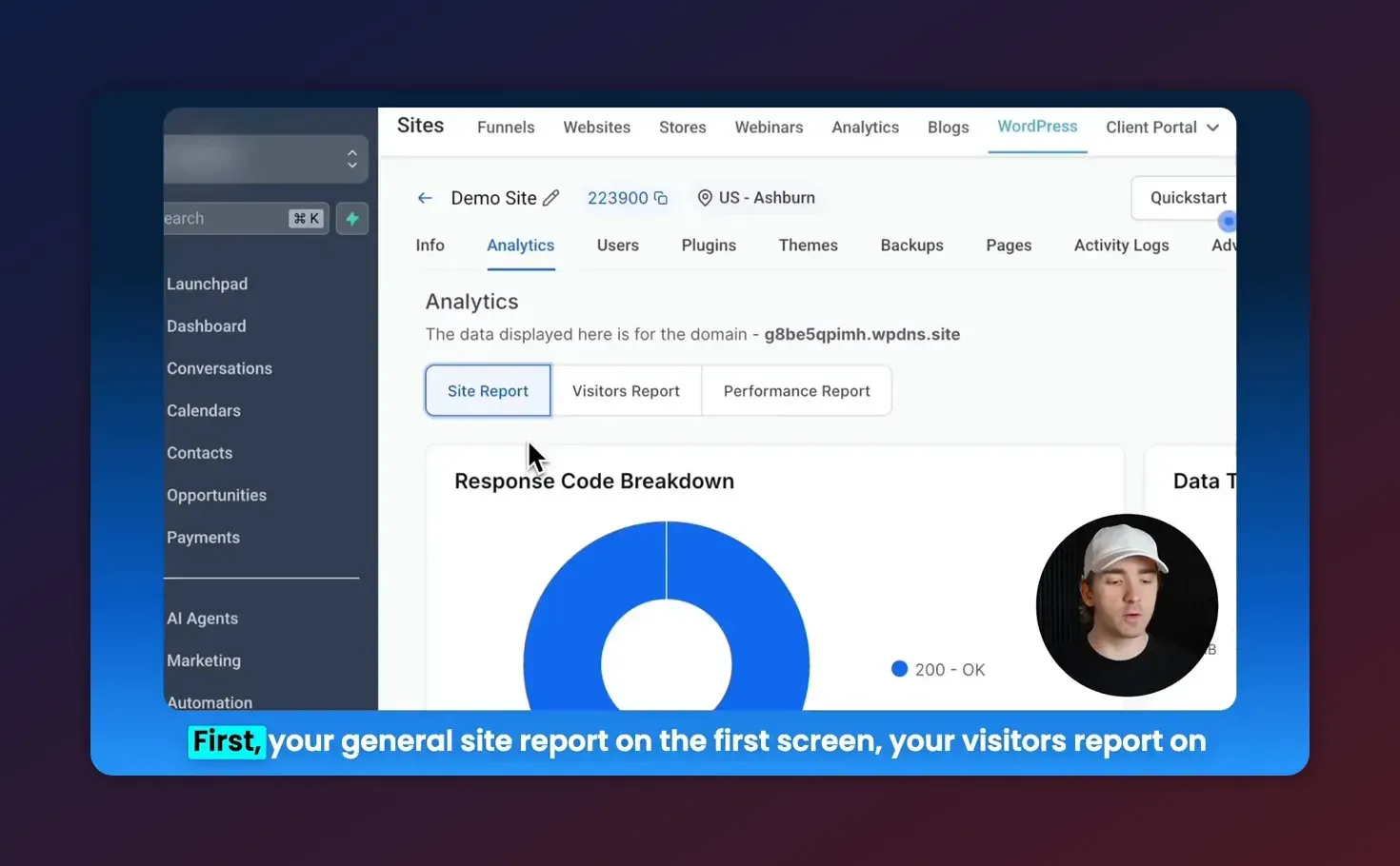 HighLevel Analytics tab showing the Site Report view with response code donut chart and report tabs