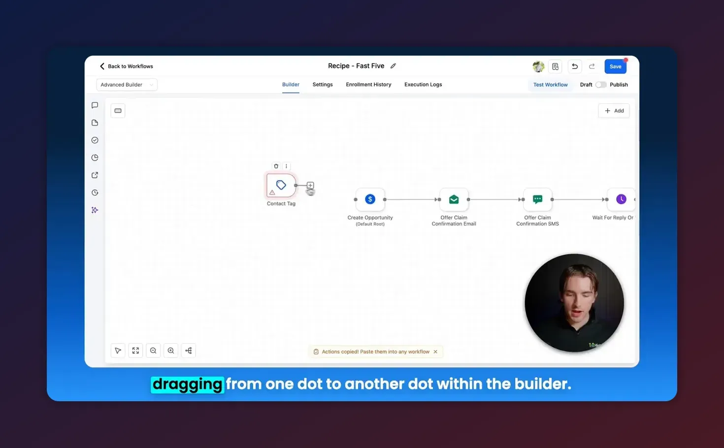 Advanced Workflow Builder showing Create Opportunity action node with left and right connection dots and connected action sequence
