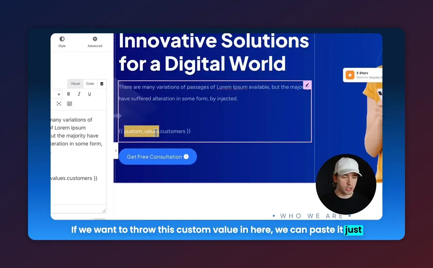 WordPress editor showing the page text highlighted and a yellow inline shortcode placeholder '{{custom_values.customers}}' being inserted into the content area.
