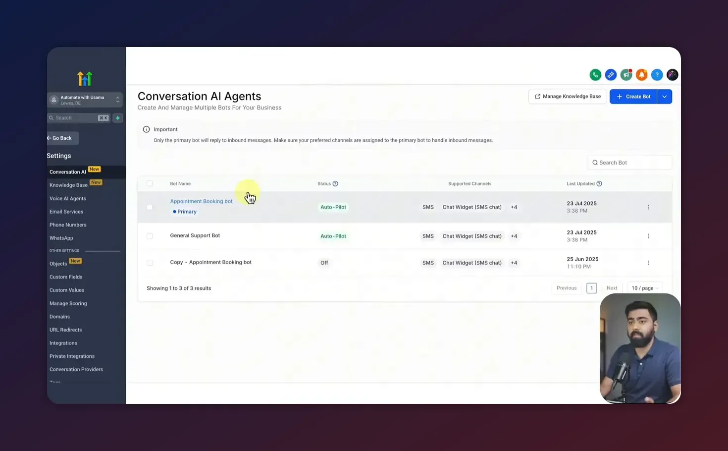 HighLevel Conversation AI Agents list showing an 'Appointment Booking bot' entry with status set to 'Auto-Pilot'.