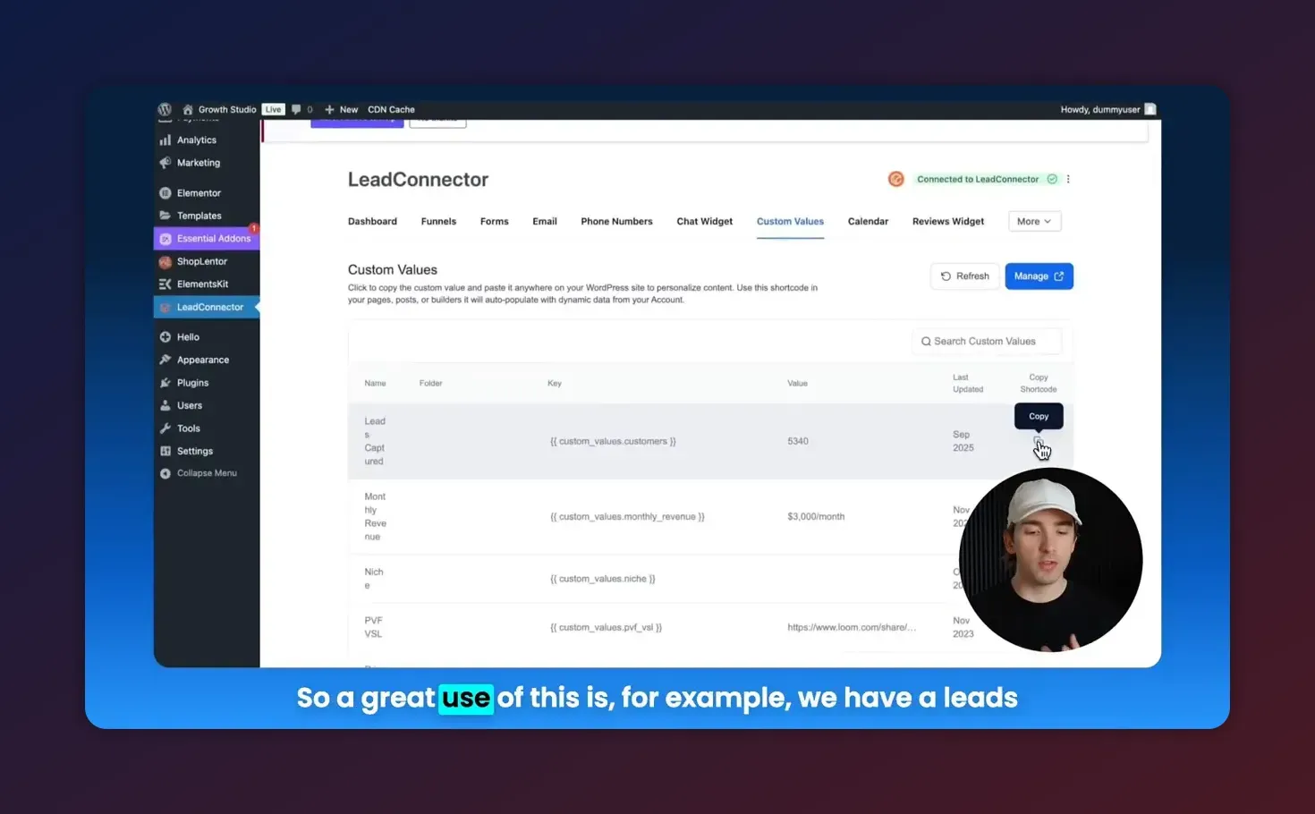WordPress admin showing the LeadConnector Custom Values page with keys, values, and a copy shortcode button
