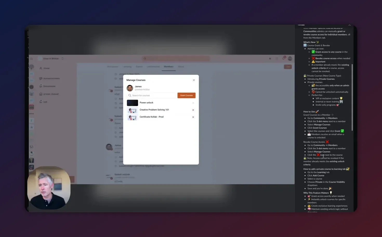 HighLevel Members screen showing Manage Courses modal with a list of courses for a selected member