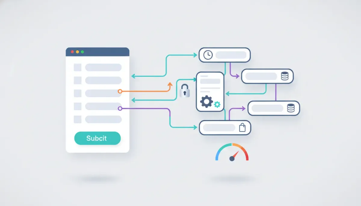 Vector illustration of a web form connected to a marketing automation workflow with nodes, arrows, field-mapping lines, a padlock for security, and a performance gauge