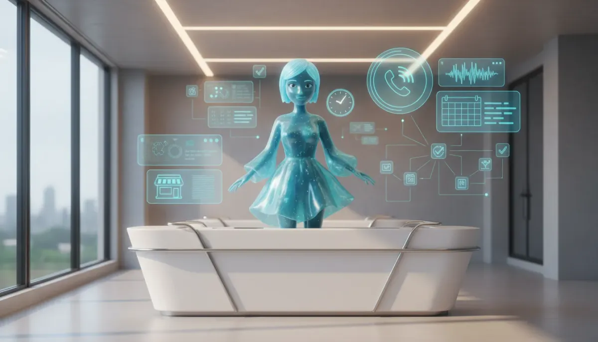 3D holographic AI receptionist at a modern desk with floating phone waveform, calendar cards, clock icon and connected small business icons, illustrating automated call handling and appointm