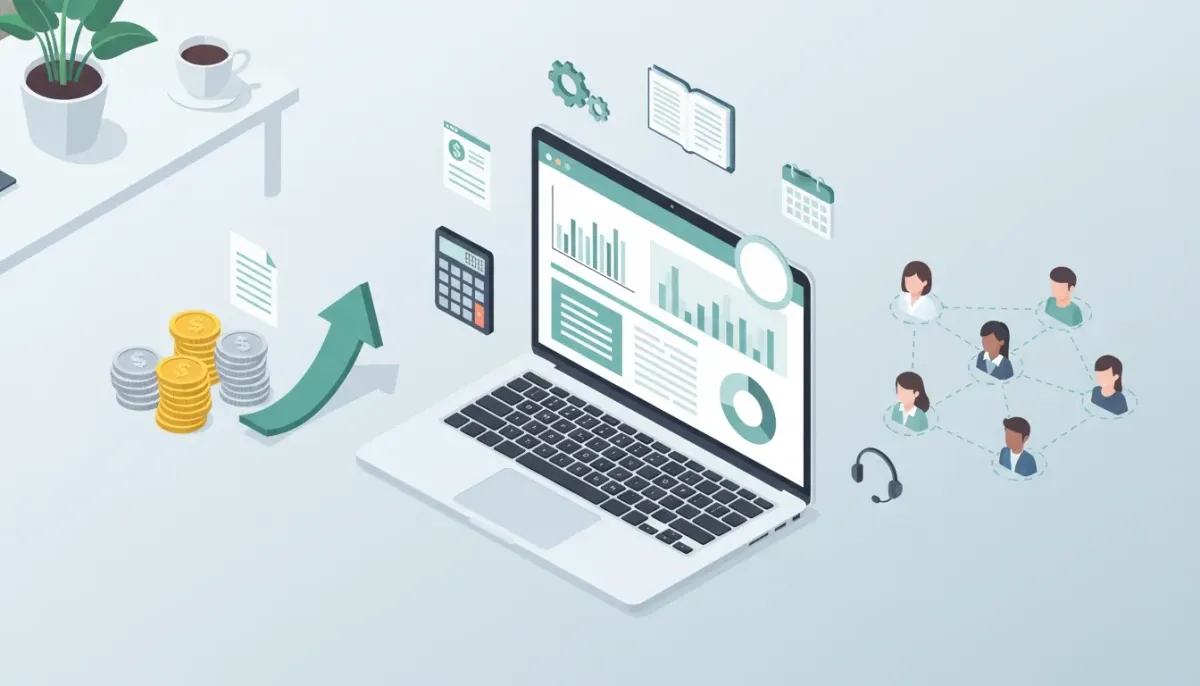 Isometric illustration of a white-labeled SaaS dashboard for bookkeepers with automation gears, invoices, client avatars and an upward revenue arrow symbolizing growth