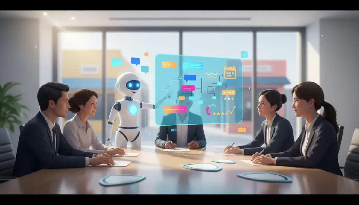 Agency team around a holographic AI dashboard showing chat, appointment calendar, automation flows, star reviews and a revenue graph