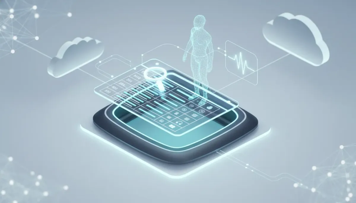 Isometric illustration of glowing structured data tables linked to a holographic AI assistant, search magnifier, and voice-waveform representing an AI knowledge base