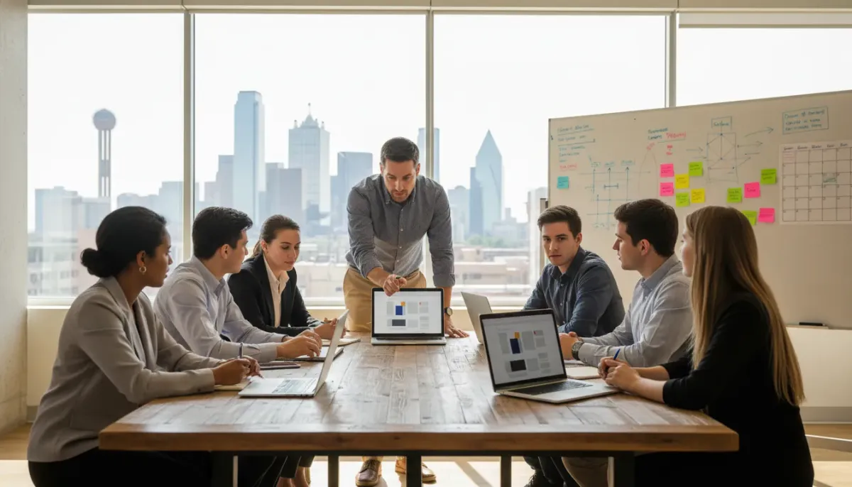 Diverse interns and a mentor collaborating on laptops in a modern Dallas co-working space with UI mockups and whiteboard sketches