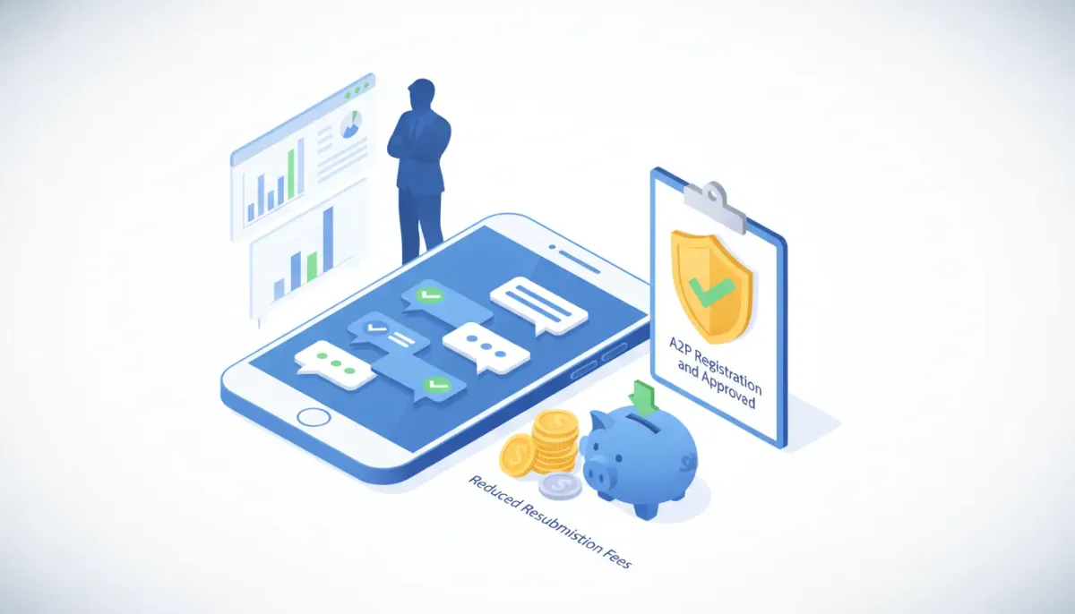 Smartphone with approved SMS messages, clipboard shield for A2P registration, and coins indicating reduced resubmission fees for HighLevel/GHL