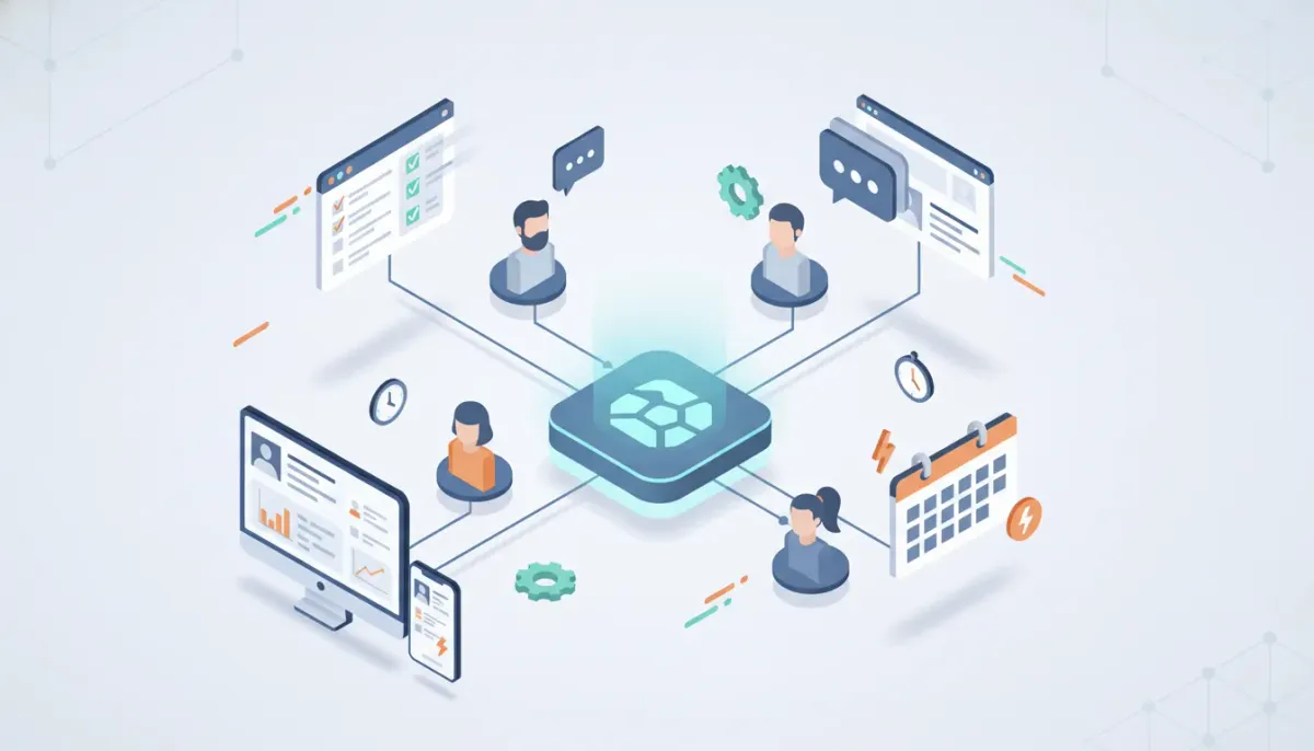 Isometric illustration of a centralized CRM hub connecting task checklists, lead cards, automation gears, clocks and team avatars to illustrate fast lead follow-up and improved team producti