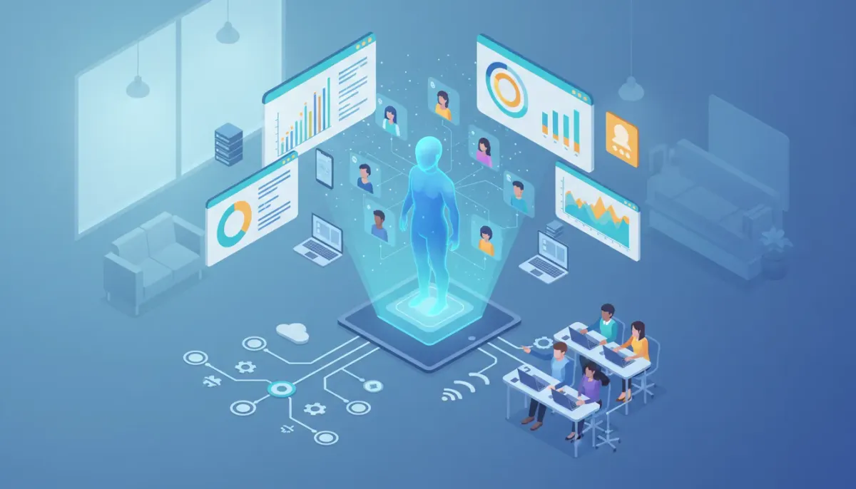 Isometric illustration of a holographic AI coach guiding multiple clients with floating dashboards, charts, workflows, and an agency team collaborating to scale and measure performance