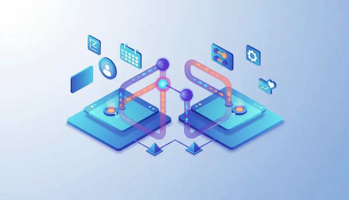Isometric illustration of two connected dashboards with glowing data pipelines, workflow nodes, and floating task and contact icons representing CRM and project-management integration and au