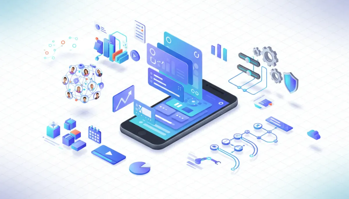 Concept illustration of a native mobile app for agencies: smartphone surrounded by user avatars, gears, automation flow lines, charts and community elements conveying collaboration, speed an